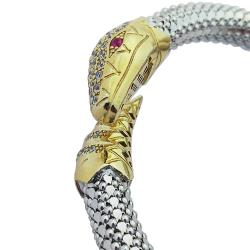 Bracciale rigido a serpente mm 8 snake in argento 925 rodiato e dorato con zirconi bianchi e rossi